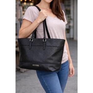 Y2K GUESS Women’s Black Tote Bag Silver Hardware Shoulder Purse Work Everyday Cl